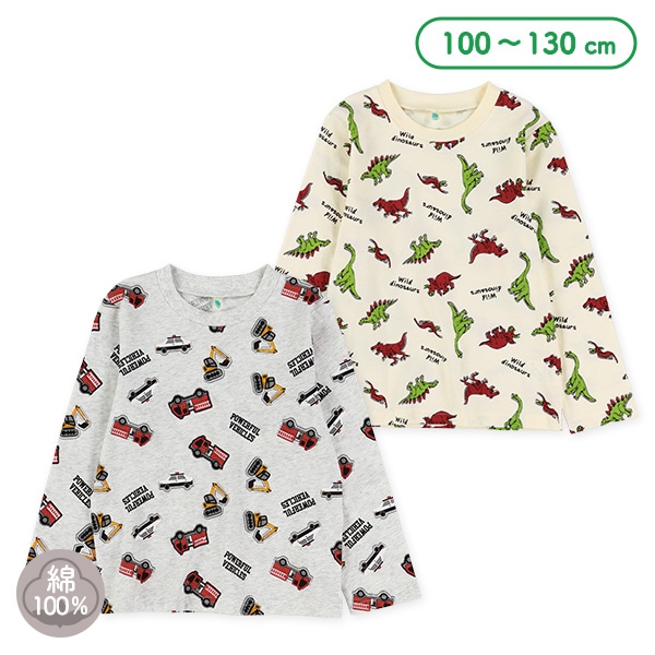 恐竜・くるまワッペン風プリント長袖Tシャツ