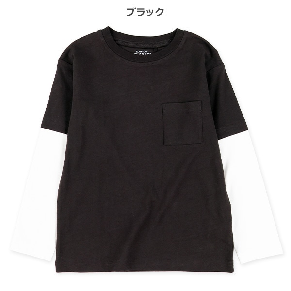 袖レイヤード風胸ポケット付き長袖Tシャツ（ブラック・ベージュ・グリーン・ブルー）