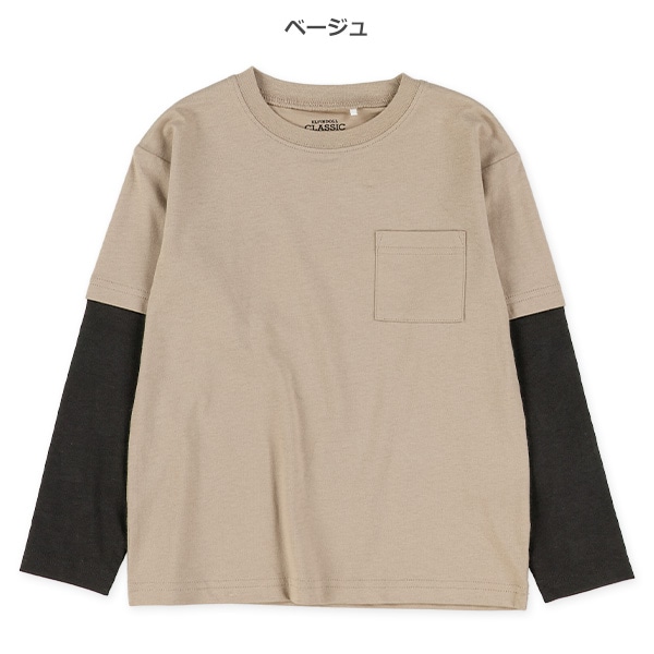 袖レイヤード風胸ポケット付き長袖Tシャツ（ブラック・ベージュ・グリーン・ブルー）