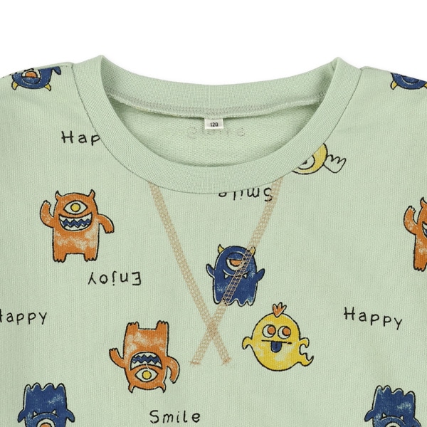 裏毛のりもの・モンスター総柄薄手トレーナー