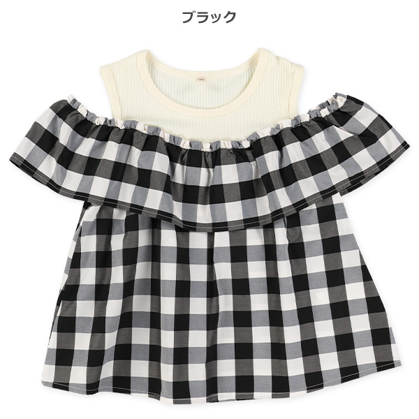 チェック柄肩あきレイヤード風ブラウス