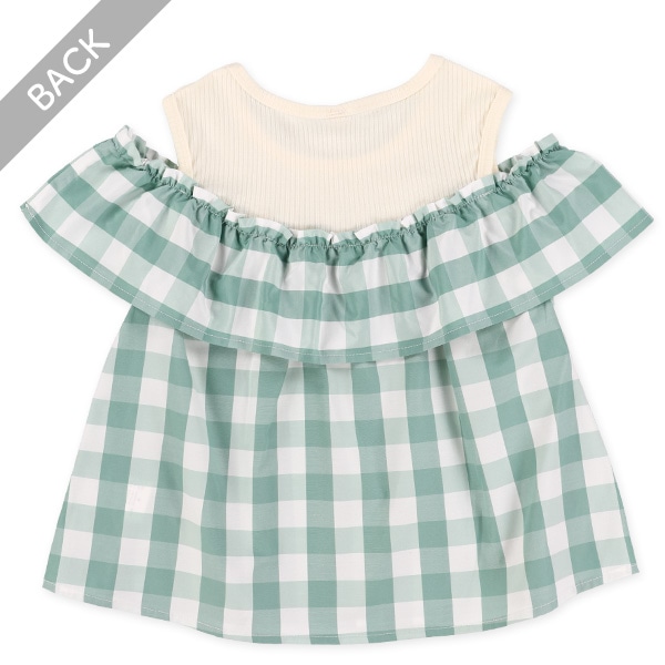 チェック柄肩あきレイヤード風ブラウス