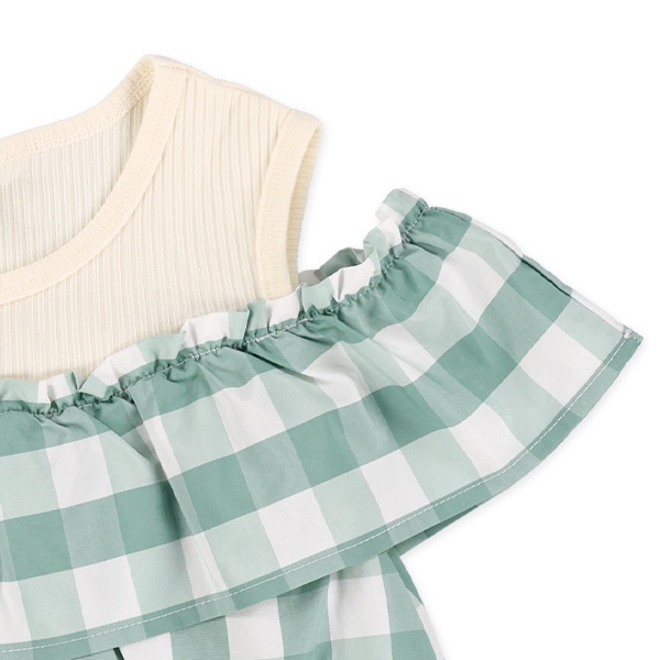 チェック柄肩あきレイヤード風ブラウス