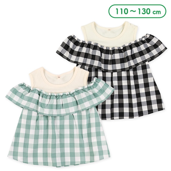 チェック柄肩あきレイヤード風ブラウス