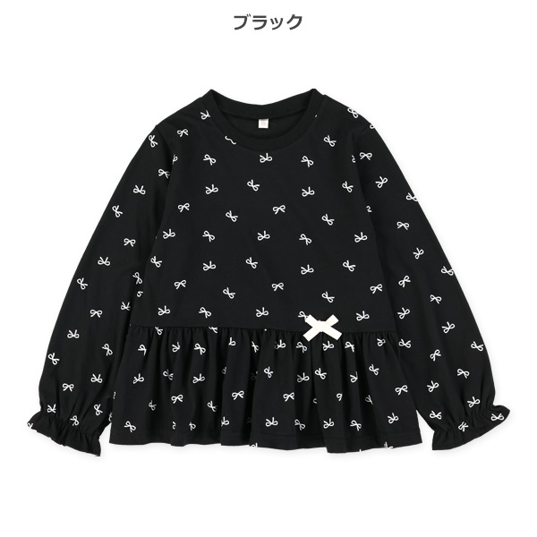 総柄切り替え飾りリボン付き長袖Tシャツ