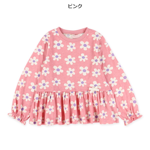 総柄切り替え飾りリボン付き長袖Tシャツ