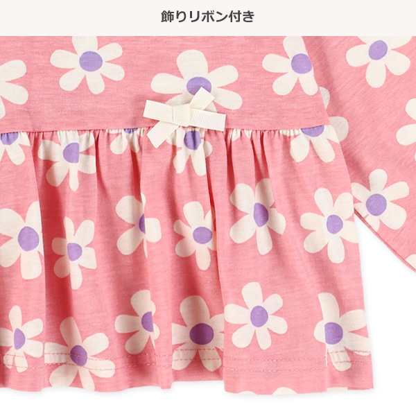 総柄切り替え飾りリボン付き長袖Tシャツ