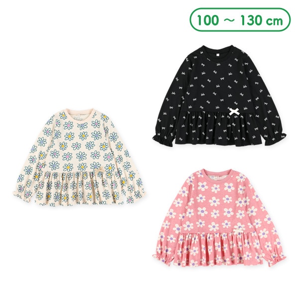 総柄切り替え飾りリボン付き長袖Tシャツ