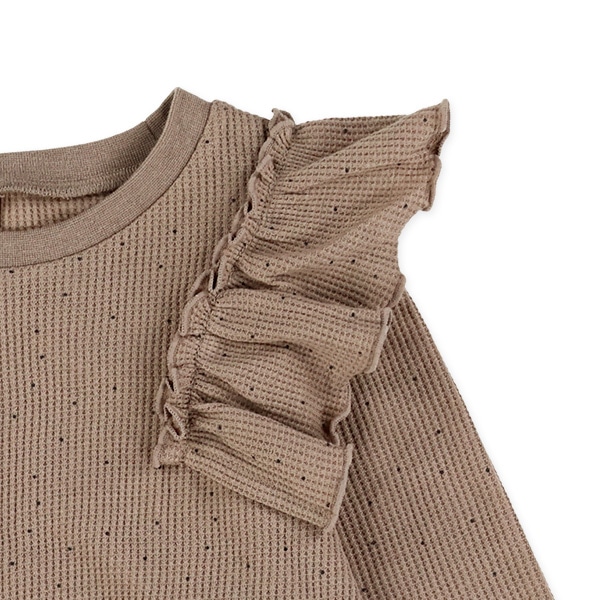 ワッフルドット肩フリル長袖Tシャツ