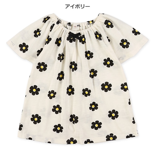 スラブ小花・ハートスモック半袖Tシャツ