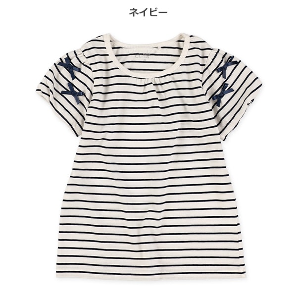 袖リボンボーダー半袖Tシャツ