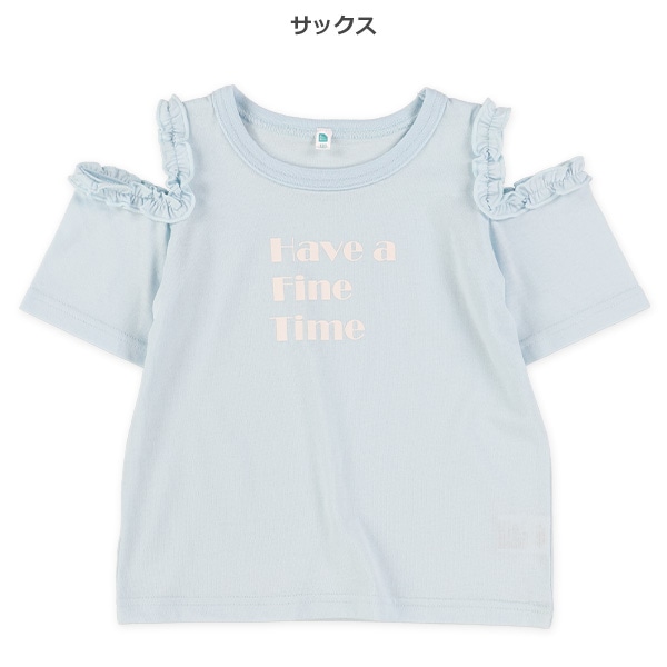 肩開きフリルロゴ半袖Tシャツ