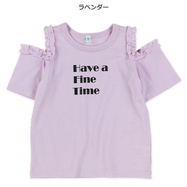 肩開きフリルロゴ半袖Tシャツ