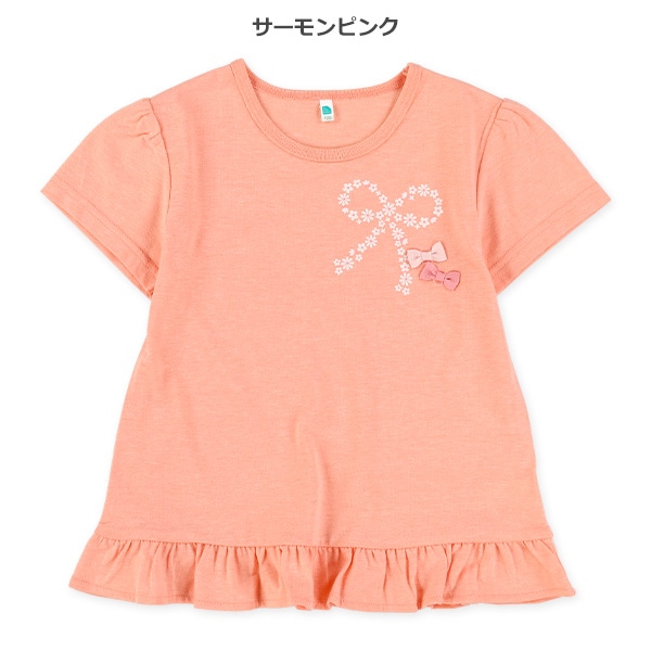 胸リボンラメプリント半袖Tシャツ
