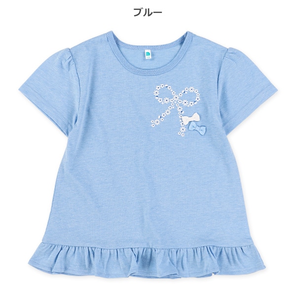 胸リボンラメプリント半袖Tシャツ