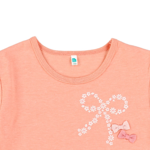胸リボンラメプリント半袖Tシャツ