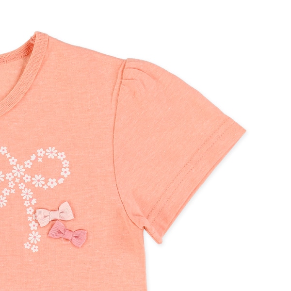 胸リボンラメプリント半袖Tシャツ
