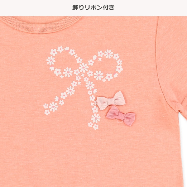胸リボンラメプリント半袖Tシャツ