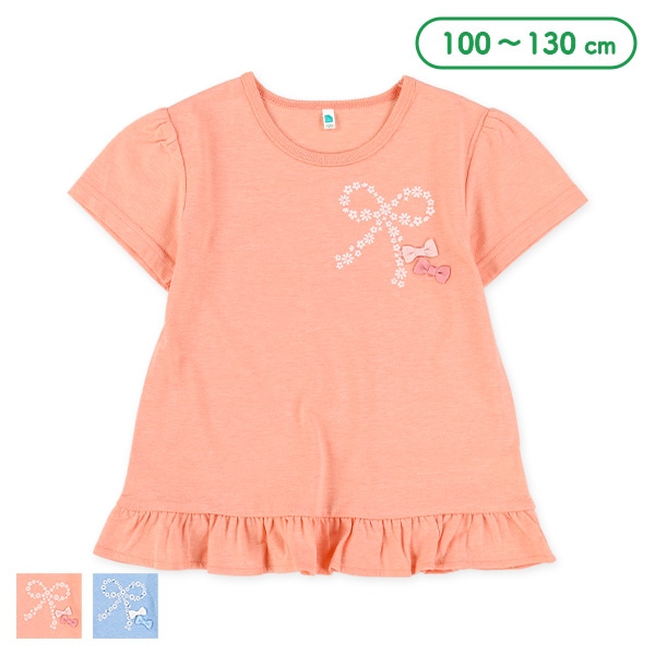 胸リボンラメプリント半袖Tシャツ