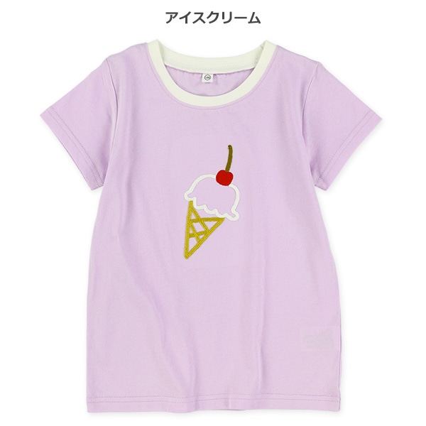 くま・アイスクリームチェーンステッチ刺繍半袖Tシャツ