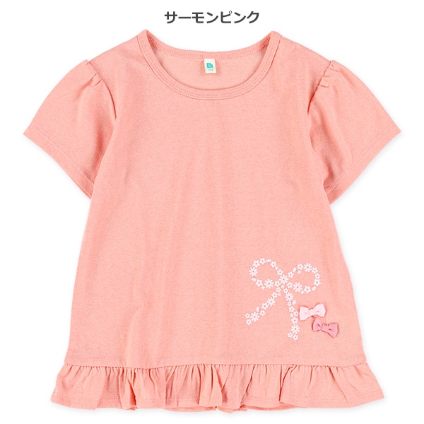 裾フリル花柄リボンラメプリント半袖Tシャツ
