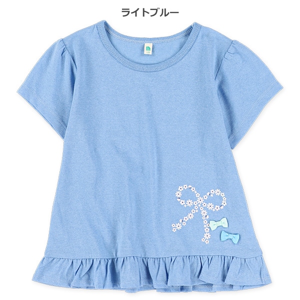 裾フリル花柄リボンラメプリント半袖Tシャツ