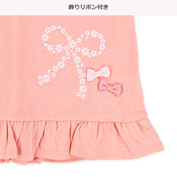 裾フリル花柄リボンラメプリント半袖Tシャツ