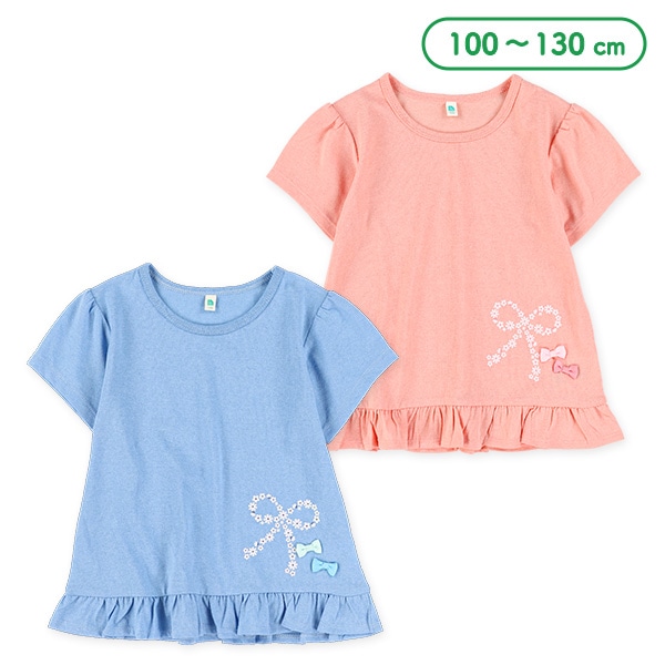 裾フリル花柄リボンラメプリント半袖Tシャツ