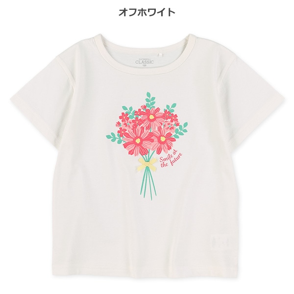 花束プリント飾りリボン付き半袖Tシャツ
