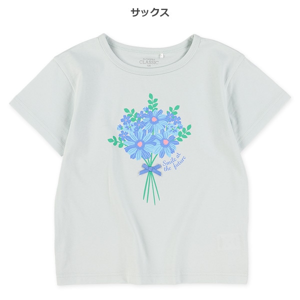花束プリント飾りリボン付き半袖Tシャツ
