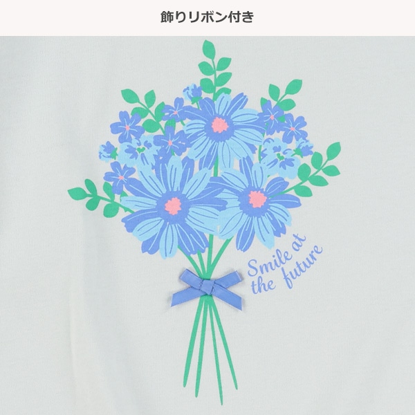 花束プリント飾りリボン付き半袖Tシャツ