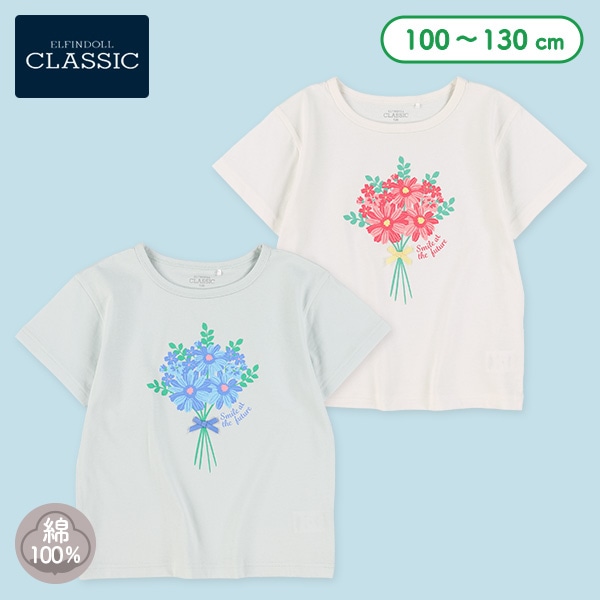 花束プリント飾りリボン付き半袖Tシャツ