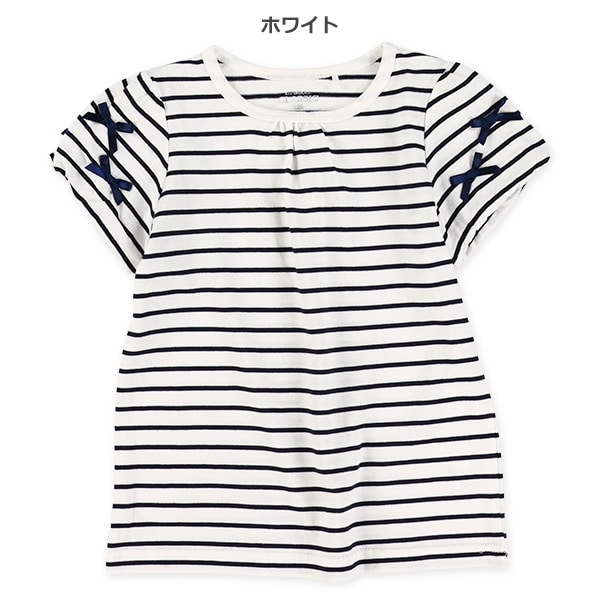 袖リボンボーダー半袖Tシャツ