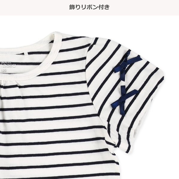 袖リボンボーダー半袖Tシャツ