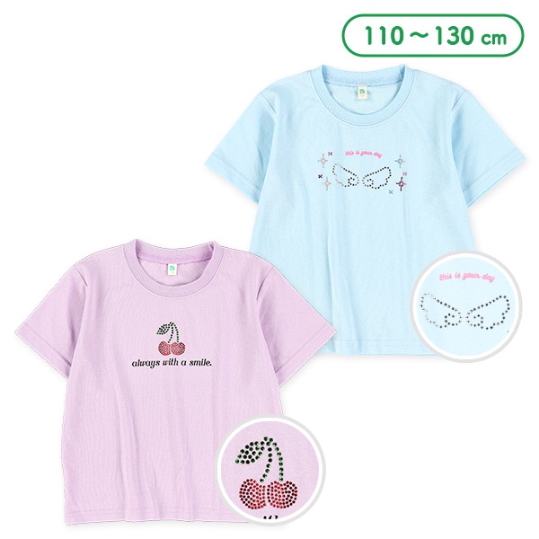 羽・チェリーラインストーン半袖Tシャツ
