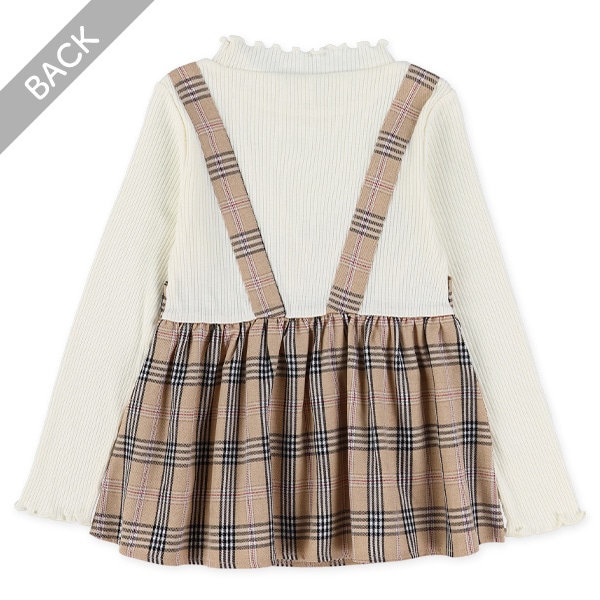 アシンメトリーチェック柄キャミレイヤード風長袖トップス