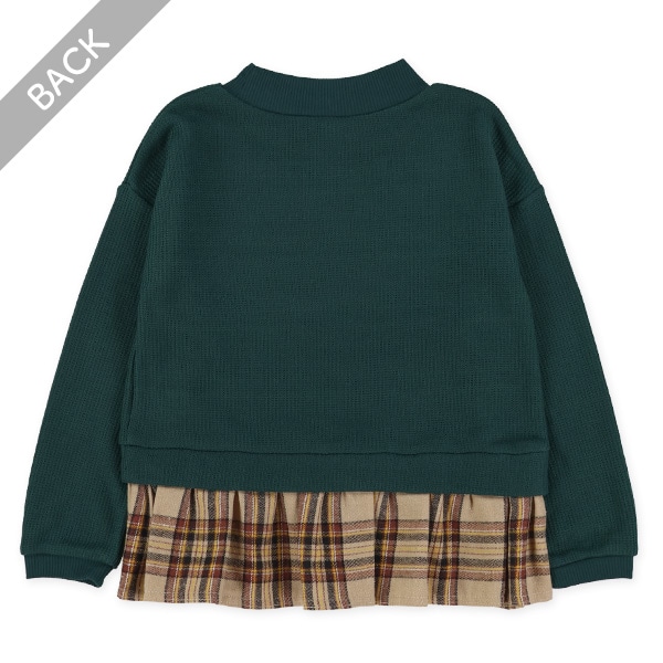 裾チェック切り替えワッフル長袖トップス