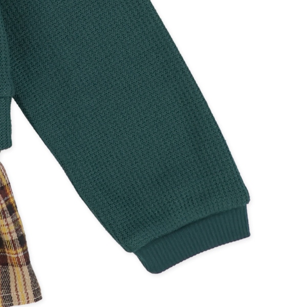 裾チェック切り替えワッフル長袖トップス