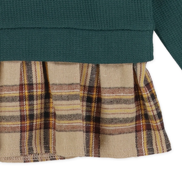 裾チェック切り替えワッフル長袖トップス