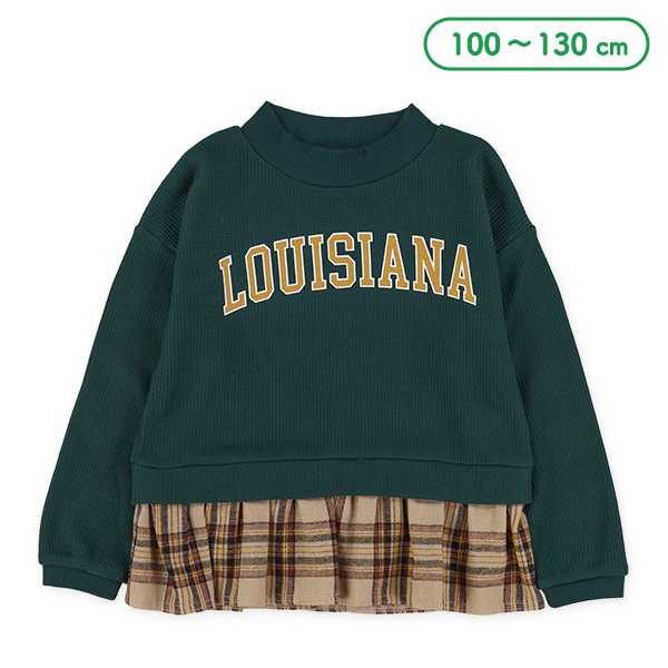 裾チェック切り替えワッフル長袖トップス