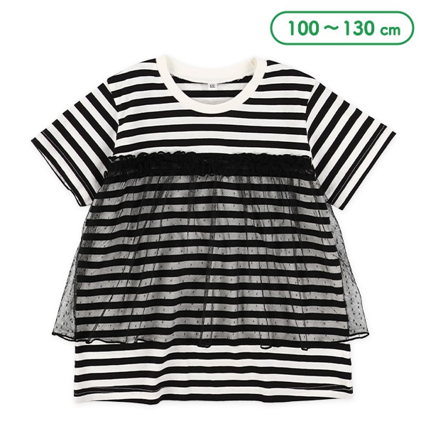 ドット柄チュール付きボーダー半袖Tシャツ