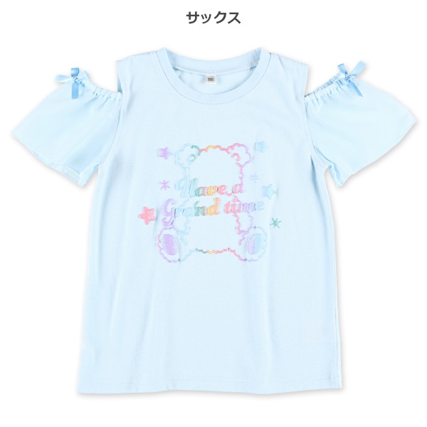 くまレインボー発泡ラメ肩あき半袖Tシャツ