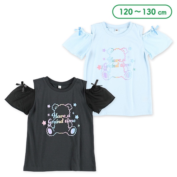 くまレインボー発泡ラメ肩あき半袖Tシャツ