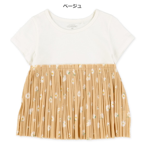 花柄プリーツ切り替え半袖Tシャツ