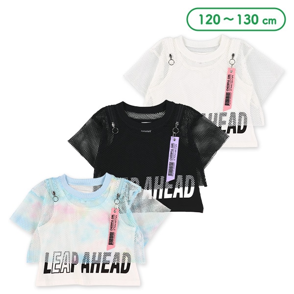 メッシュ肩ファスナーレイヤード風半袖Tシャツ