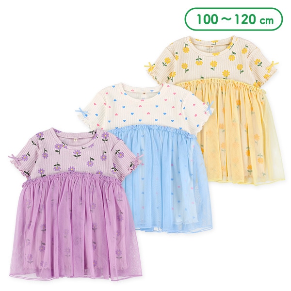 チュールビスチェ付き花・ハート柄半袖Tシャツ