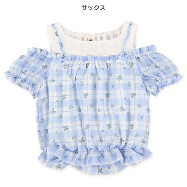 肩開き花総柄シフォンレイヤード風半袖トップス