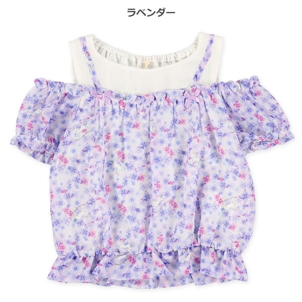 肩開き花総柄シフォンレイヤード風半袖トップス