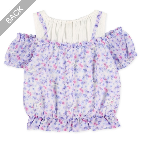 肩開き花総柄シフォンレイヤード風半袖トップス