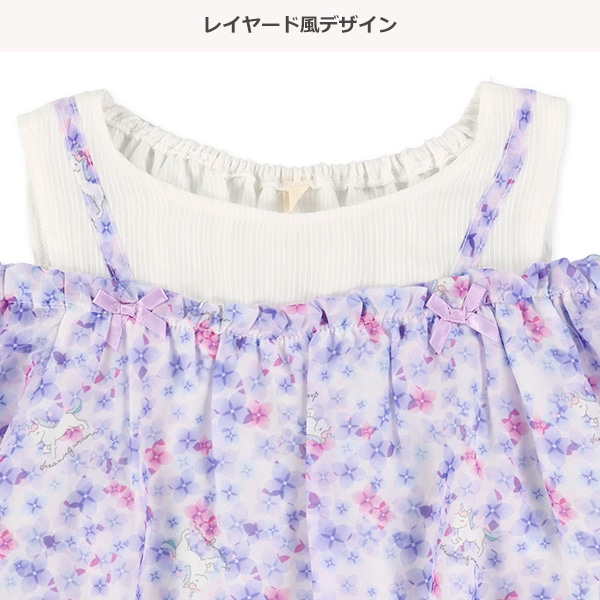 肩開き花総柄シフォンレイヤード風半袖トップス